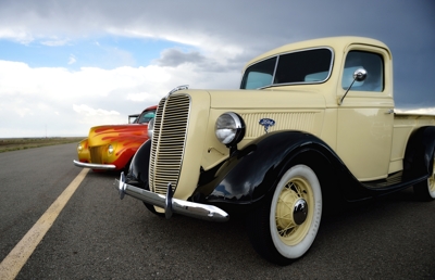 Yellow Ford V8 Pickup at Raton's Rockin' Wings & Wheels 2014