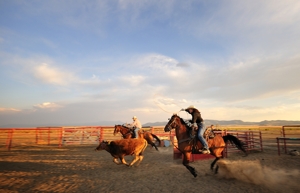 Marcia Hefker & Roy Sanders team roping at Hoehne, Colorado - "Breakaway" by Tim Keller