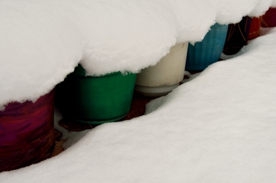 Garden pots under deep snow