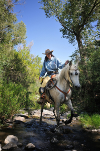Marcia Hefker horseback in Trinchera Creek, by Tim Keller