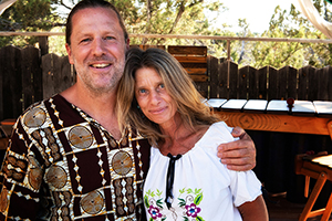 Kayna Boyce Swing and her husband Peter Swing at home on the Turquoise Trail south of Santa Fe, 2018