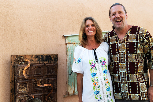 Karyna Boyce Swing and husband Peter Swing at home on the Turquoise Trail south of Santa Fe, 2018