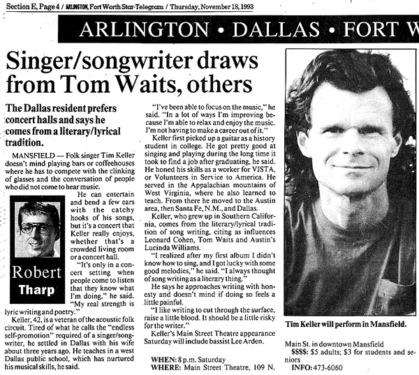 Tim Keller review, singer songwriter, in Fort Worth Star-Telegram